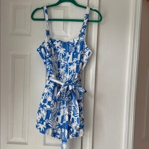 Blue & White Tropical Print Tie-Waist Romper